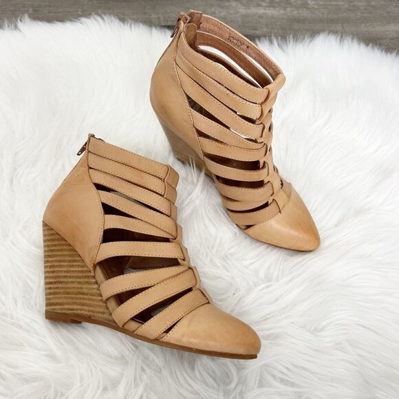 Jeffrey Campbell Womens 5 Vector Tan Camel Leather Wedge Gladiator Cage Booties - Picture 1 of 11